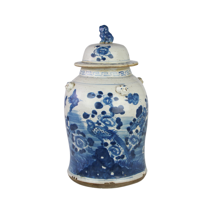 Large Classic Blue and White Floral and Bird Temple Jar