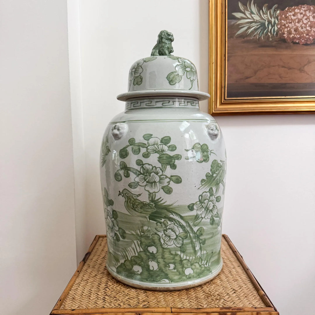 Large Green and White Floral Temple Jar