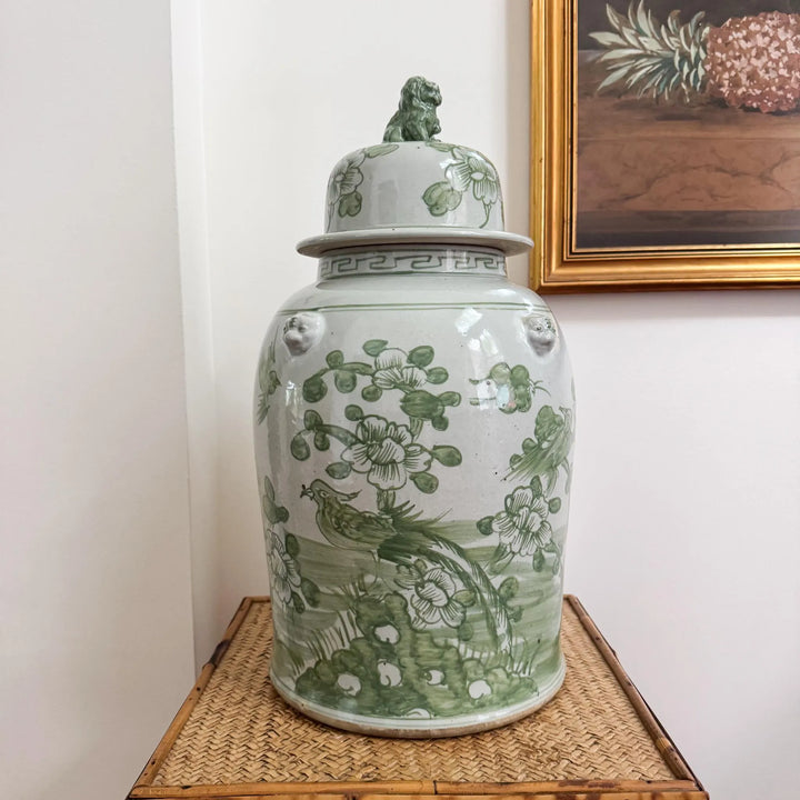 Large Green and White Floral Temple Jar