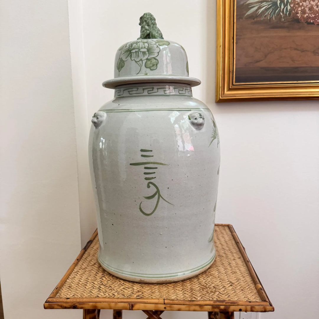 Large Green and White Floral Temple Jar