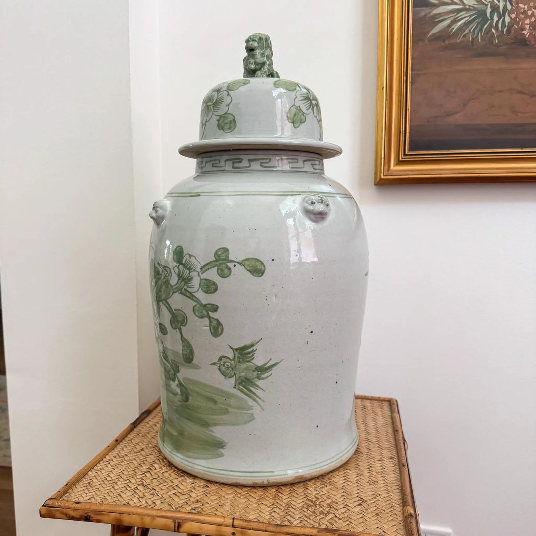 Large Green and White Floral Temple Jar