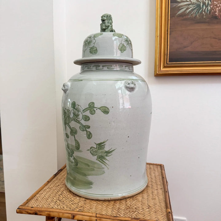 Large Green and White Floral Temple Jar