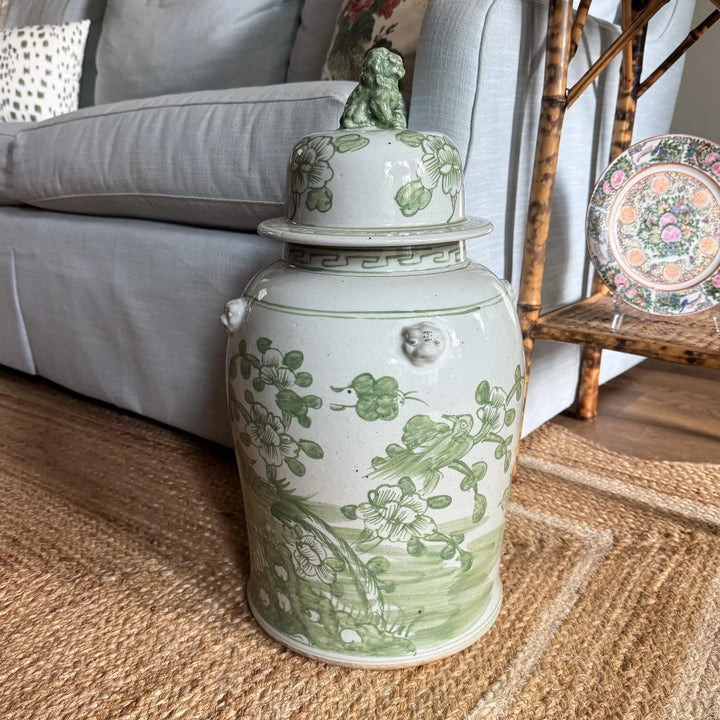 Large Green and White Floral Temple Jar