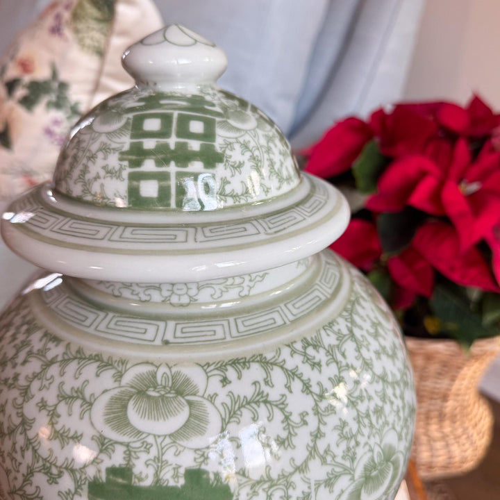Green and White Double Happiness Temple Jar