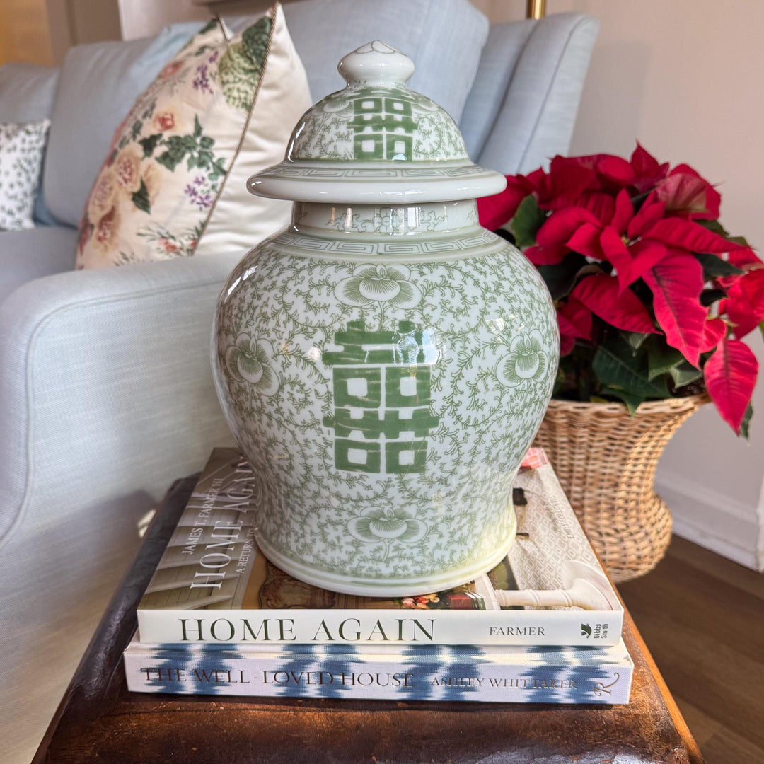 Green and White Double Happiness Temple Jar