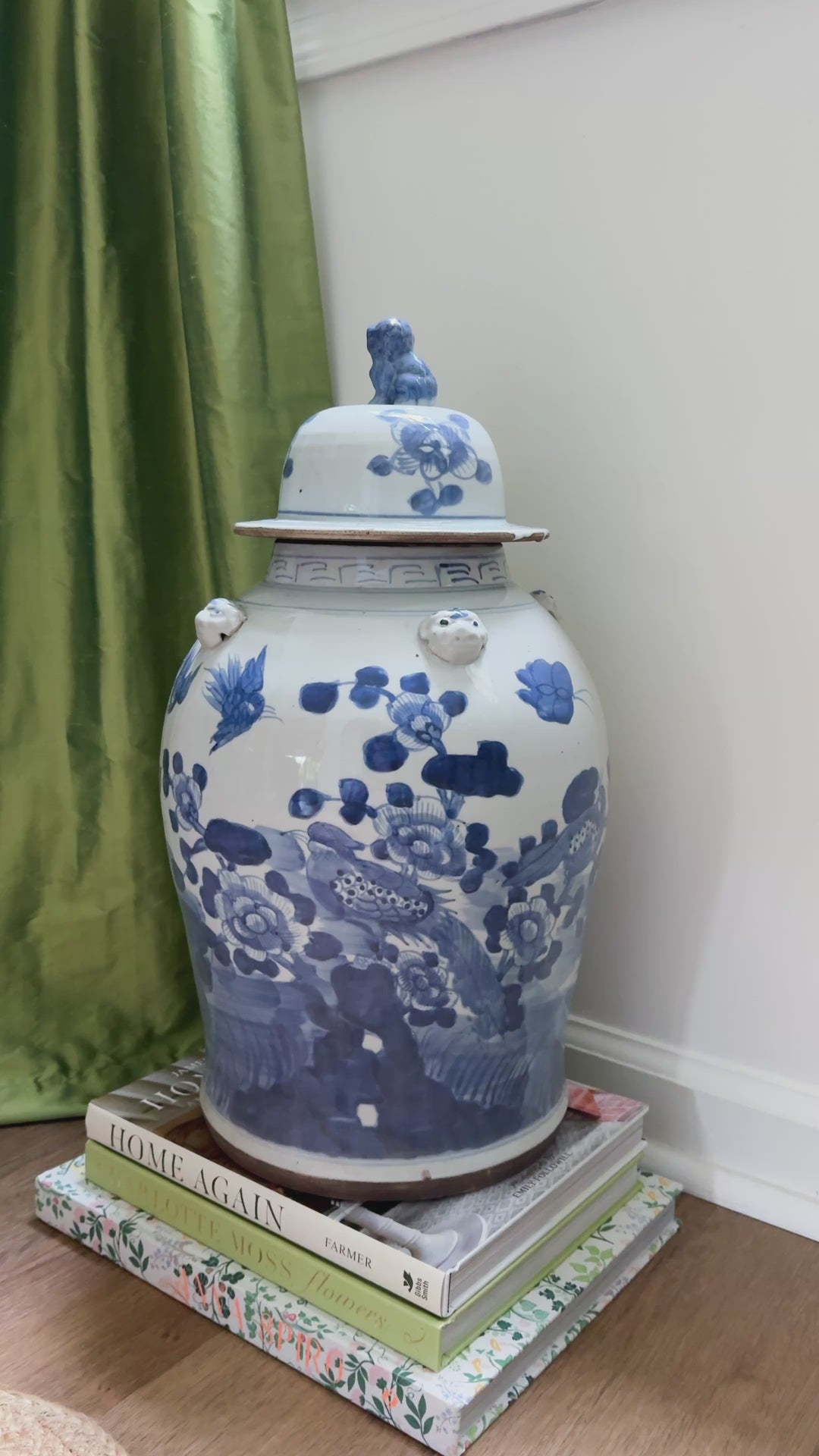 Large Classic Blue and White Floral and Bird Temple Jar